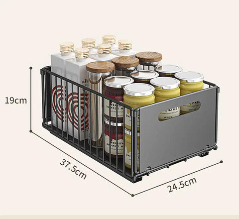 Heavy Duty Slide Out Cabinet Organizer Pair, Tough Carbon Steel Drawer Rack For Pantry Storage with jars and bottles.