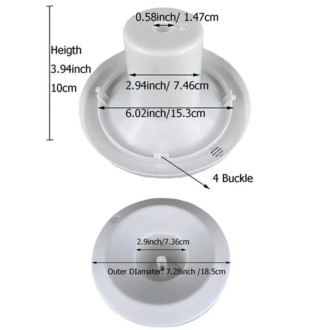 Top and bottom view of Smart Seat Bottle Holder Replacement Part for Water Dispensers, showing 4 bayonet connectors and dimensions.