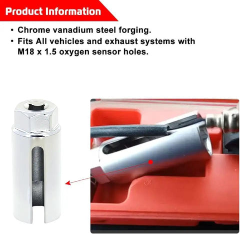 Master Crafted Five Piece O2 Oxygen Sensor Socket Kit With Offset 6 Point Low Profile Head And Sharp Thread Chaser For No Sweat Exhaust Removal In Grease Monkey Friendly Tight Spots Using Any Standard Ratchet, chrome vanadium steel socket.