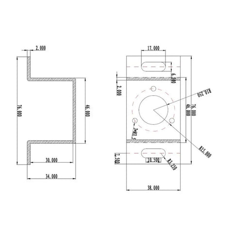 Technical diagram of Encoder Mounting Bracket 38mm Iron Galvanized U Type Holder Ready To Rock In Harsh Environments with dimensions labeled.