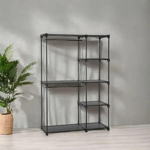 Portable Freestanding Closet Organizer With A Super Solid Heavy Duty Metal Frame And Roomy Shelves For Sneakers And Threads sleek black storage rack.
