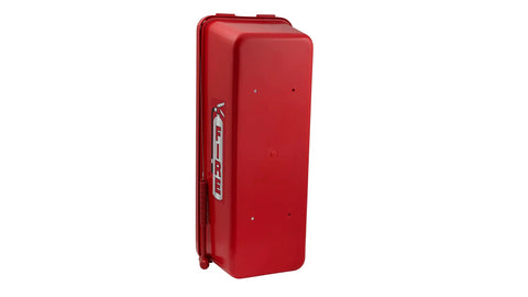 Heavy Duty Outdoor Fire Extinguisher Cabinet Hangs Tough Against Sun And Rain Lock Box Fits Twenty Pound Units Red wall mount with flip lid