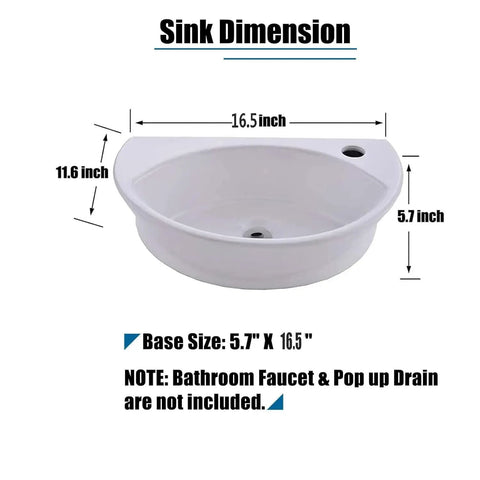 Small Wall Mount Porcelain Sink For Tiny Bathrooms And RVs, 16 Inch Long Corner Floating Basin dimensions illustration