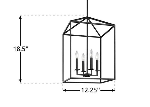 Four Light Lantern Pendant Lamp With Iron Openwork Frame For Island Kitchen And Foyer Black Finish 12.5 Inch Ceiling Fixture With Dimensions