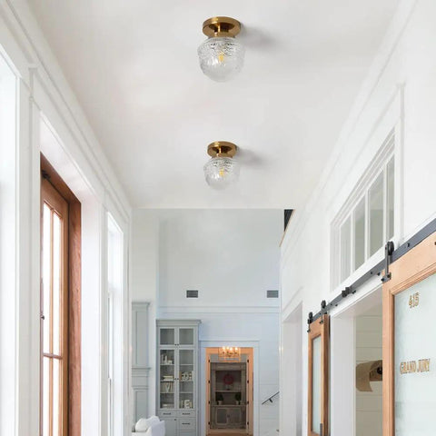 Gold Semi Flush Mount Ceiling Light With Globe Glass, Vintage Indoor Fixture in a hallway, close to ceiling design