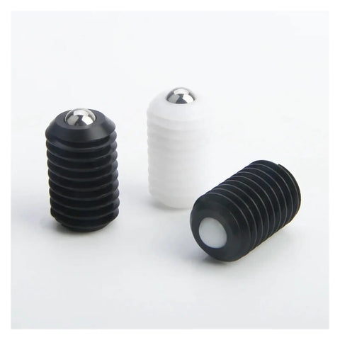 Three M8 ball head plunger screws in black and white resin, designed for quick slide installation and solid grip.