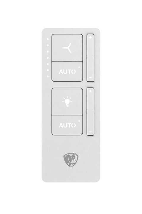 Super Fly 60 Inch Smart Outdoor Ceiling Fan With Senseme Tech And Wifi App Control remote control with buttons for fan and light