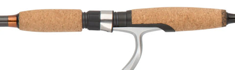 Close-up of handle on Budget Friendly Monarch Spinning Rod And Reel Combo 5 Foot 6 Inch, 2 Piece Graphite Rod, cork grip visible