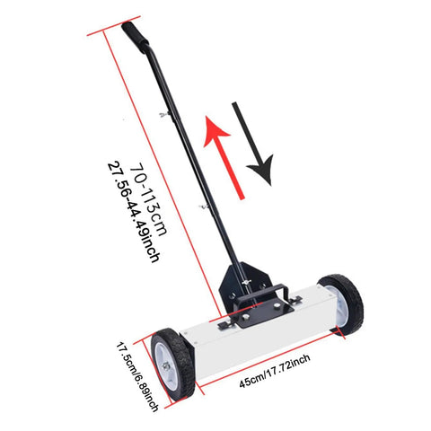 18 Inch Metal Pickup Lawn Sweeper Broom With Adjustable Handle And Wheels for efficient clearing of workshop debris