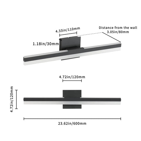 Black LED Vanity Light Over Mirror Wall Mount 15.7 Inch Dope Sleek Adjustable Modern Fixture dimensions shown.