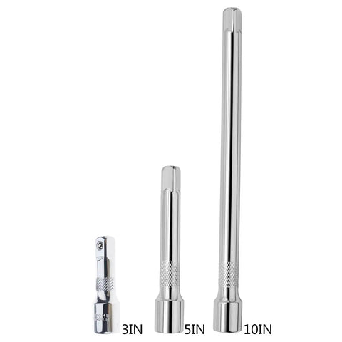 Grease Monkey Approved 10 Inch Socket Extension Bar For Half Drive Ratchets Anti Slip Grip Rust Proof Alloy Steel Works Smooth For Autobody Workers And Weekend Warriors Tool, showing 10 inch extension with two shorter versions.