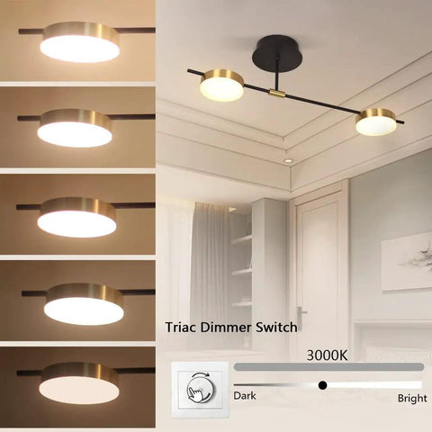 Sleek 2 Light LED Ceiling Light Fixture Semi Flush Mount, 15W Dimmable Warm White 3000K, Black and Gold Finish, dimmer settings