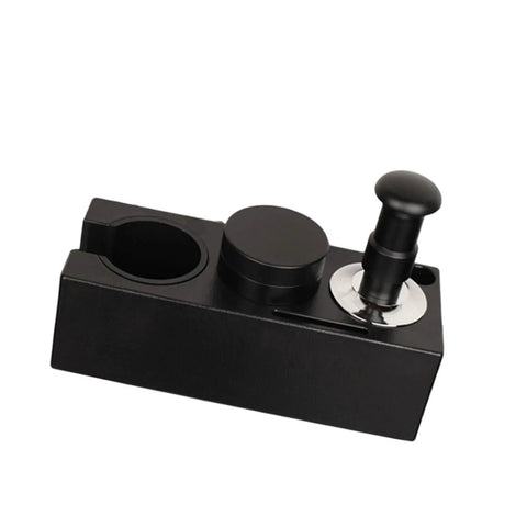 Adjustable Espresso Tamper Base With Dead Simple Leveling And Smart Compartment Storage For 58Mm 53Mm 51Mm Portafilters, black material, compact design.
