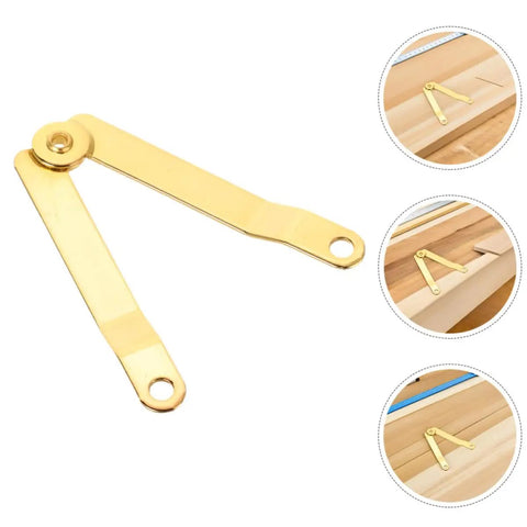Golden Iron Lid Support Hinges for Wooden Boxes and Treasure Chests, elegant finish and easy install with connecting plates, shown on box