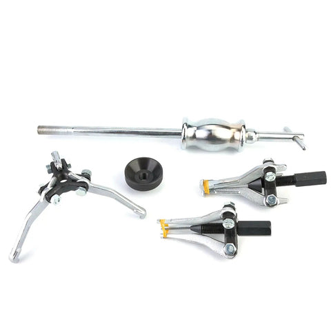 Badass 5 Piece Carbon Steel Internal External Gear Bearing Puller Removal Tool Kit With 100 MM Triple Leg Sliding Hammer 1 2 KG Weight For Strong Grip Locking Easy Extraction Of Stuck Bearings In Your Shop, 5-piece puller set