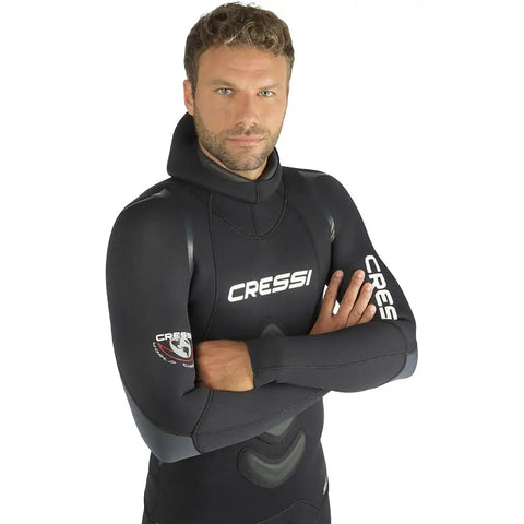 Man wearing 5mm Full Two-Piece Wetsuit For Spearfishing And Freediving In Black, XL, Soft Open-Cell Neoprene, showing front view.