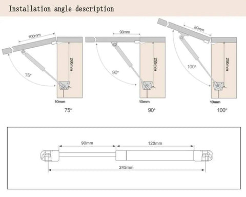 Installation angles of 2 Pack 120N Gas Spring Strut Shocks for Cabinets and Toy Boxes with Soft Close Hinges, length measurements shown.