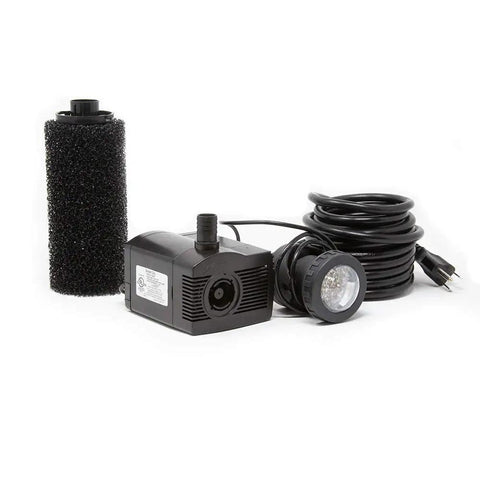 LV450T 458 GPH Submersible LED Light Water Pump Kit with foam filter, 16 ft cord, and LED light in black finish for ponds and aquariums.