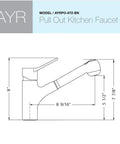 Technical drawing of Brushed Nickel Kitchen Faucet AYRPO-972-BN with pull-down sprayer, 360-degree swivel, dimensions included.