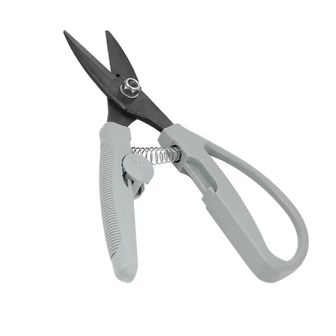 Heavy Duty Sheet Metal Snips And Tin Snips Wire Cutter With Precision Blades, gray handle and safety lock for easy grip.