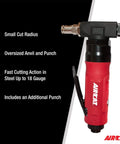 Red and black heavy-duty 18 gauge nibbler sheet metal cutter tool for auto body and ductwork projects, shown with fast cutting features.