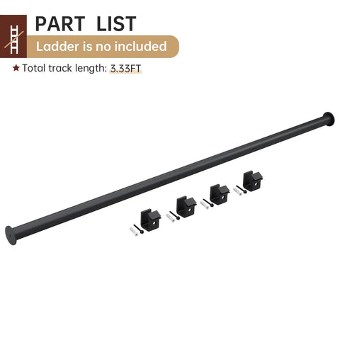 3.33ft Rolling Library Ladder Extension Track Kit For Home And Office With Aluminum Track Includes 4 Fasteners Heavy Duty 350 Lb Capacity Rust Resistant Finish Space Saving Telescoping Hook System, black track and fasteners