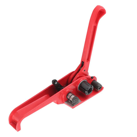 Heavy Duty Strapping Tensioner And Sealer Tool Set for PET and PP plastic straps, red tool with carbon steel frame.