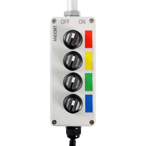 Top Notch Four Stack Led Andon Tower Light With Built In Buzzer For Industrial Workstations with color coded switches and ON/OFF labels