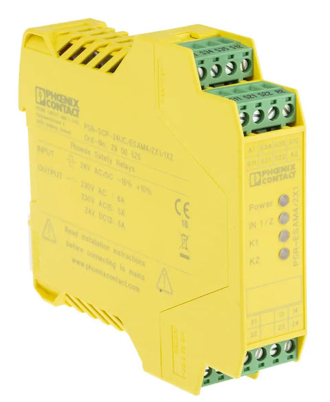 Heavy Duty Industrial Safety Relay With Straight Up Reliable Normally Open Contacts And A No Fuss Auxiliary Circuit Built Tough For 24 Vdc Control Panels And 250 Vac 6 Amp Machinery Model 2900525 side view showing connections and labeling.