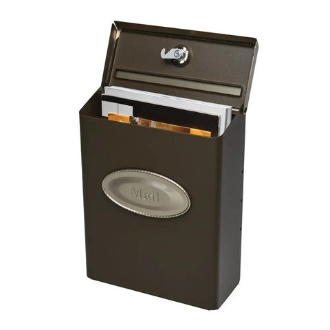 Designer Locking Mailbox In Bronze With Satin Nickel Accents, Rugged Galvanized Steel, Weatherproof Powder Coating, Medium Capacity To Stash Days Of Mail, Includes Optional Decorative Mail Emblem For Curbside Security And Style with open lid and mail inside