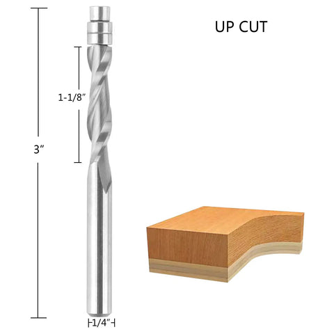 Five Piece Upcut Spiral Flush Trim Router Bit Set With Quarter Inch Shank, Three Inch Overall Length next to wood block