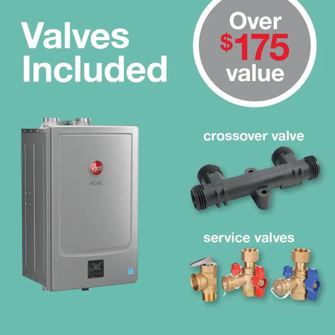 Front view of Ikonic Rectgh SR11iN Tankless Gas Water Heater With Recirculation Super High Efficiency, shown with included valves.