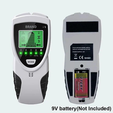 Straight Up Reliable Wall Scanner With Bright Led Backlit Panel for nailing hidden pipes and wires, displaying modes and battery compartment.