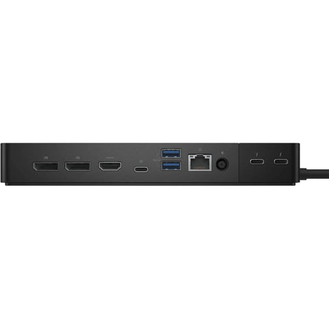 Side view of Modular Thunderbolt Dock Delivering Solid Ninety Watt Punch Alongside Flexible HDMI DisplayPort Ethernet Cables.