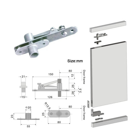 Heavy Duty Cabinet Door Pivot Hinges With Invisible Concealed Build And Auto Soft Close Mechanism For Dead Simple Top Bottom Mounting detailed drawing and size chart.