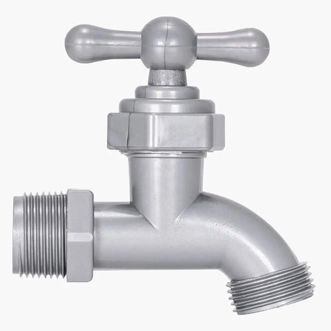 Pro Level Celcon Hose Bibb With 3/4 Inch Male Pipe Connection For Outdoor Irrigation And Garden Hoses, silver metal tap, side view.