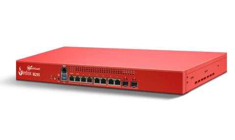 Level Up Your Branch Setup With This Top Shelf Rackmount Firewall Packing Four Two Point Five Gbps Ports And Two Ten Gbps Fiber Slots Plus Three Year Rock Solid Threat Defense License, featuring red casing and multiple ports.