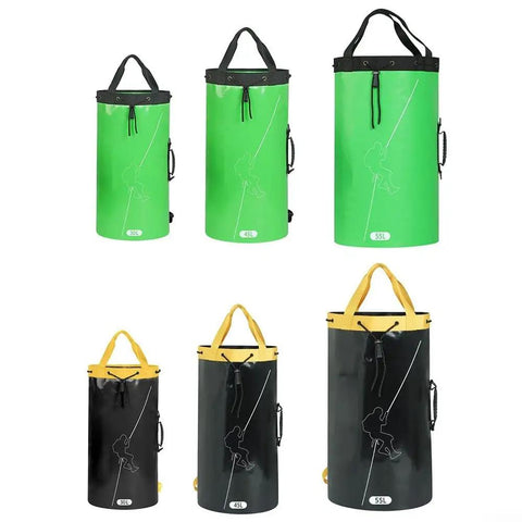 Climbing Rope Bag 55L, Heavy-Duty Polyester PVC Storage Backpack With Drawstring Closure in green and black options displayed