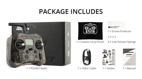 Grab And Go Pocket Remote Controller with Hall Gimbal and accessories including carry pouch, USB-C cable, and manual.