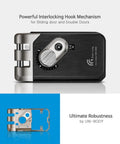 GTouch Digital Rim Lock With Traceless Slim Body Master Mode Forced Lock Automatic Locking Volume Control Silent Low Battery Alarm Emergency Power Backup Easy Touchscreen Access showing interlocking hook mechanism.