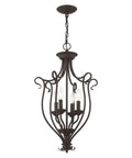 Coronado Bronze 4 Light Foyer Chandelier With Transitional Design hanging with ornate bronze frame and white alabaster glass