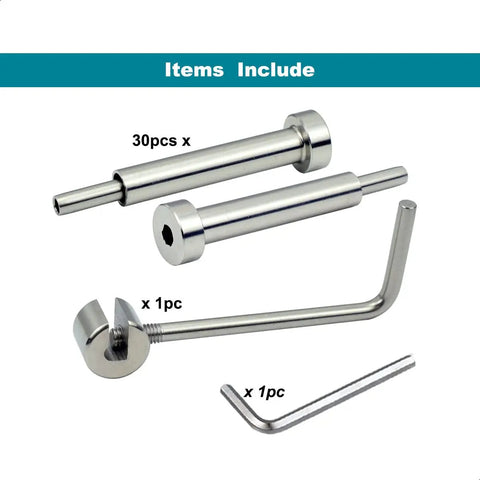 Invisible Cable Railing Hardware Kit For Three Sixteenths Inch Cable, 30 Pack Turnbuckle Set with tools and accessories shown.