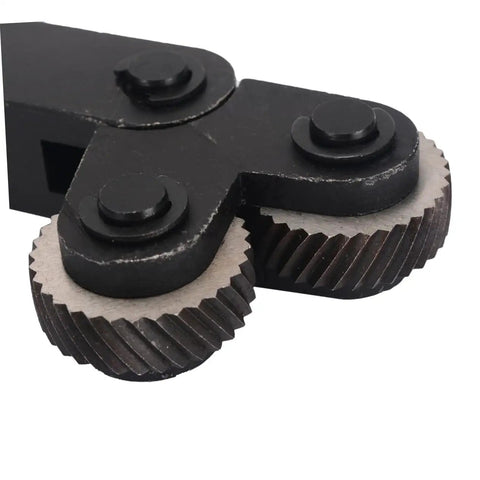 Close-up of the gear head of the 3 Piece No Frills Shop Gear Knurling Tool Set For Lathe Machines with diagonal cut wheels.