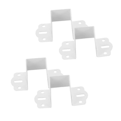 Four white heavy-duty metal brackets designed for the Built Tough Metal Bed Rail Fasteners Twenty Piece Hinge Buckles.
