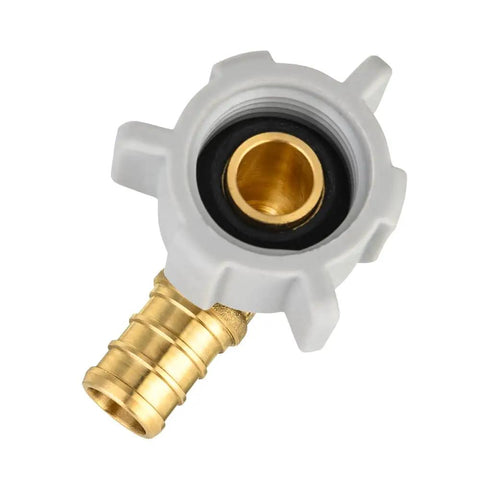 Close-up of Ten Pack PEX One Half Inch To One Half Inch Female NPT Swivel Brass Crimp Elbow Fittings Lead Free ASTM F1807 NSF Certified