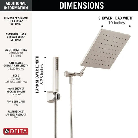Top Shelf 10 Inch Square Raincan Shower Head With Handheld Duo In Slick Brushed Nickel Finish dimensions and features overview.