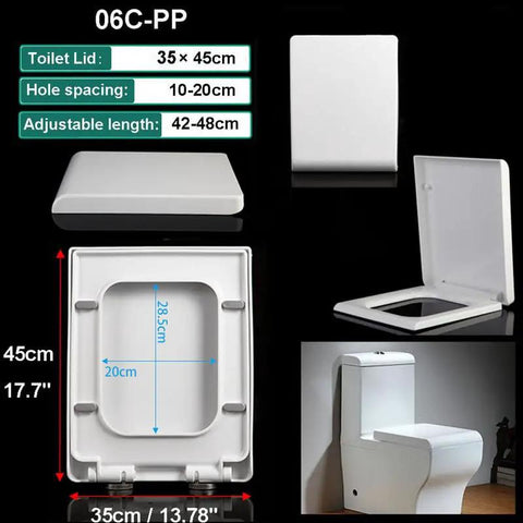 Square White Toilet Seat With Smooth Soft Close And Quick Release Hinges Top Mount Adjustable Fixings No Sweat Cleanup Premium Plastic Lid dimensions 35x45cm easy install.
