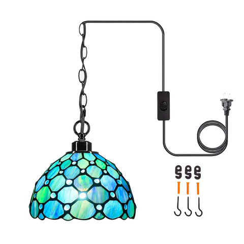 Sea Blue Pearl Tiffany Style Pendant Light Plug In Stained Glass Swag Lamp 8x8x181 Inch with chain and cord shown