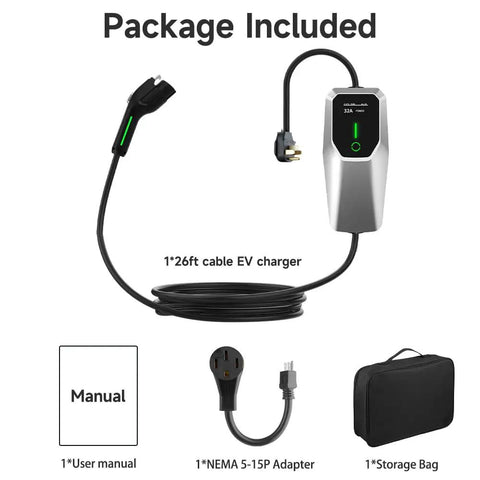Portable 26ft EV Charger Cable With NEMA 14-50 And 5-15 Plugs, includes charger, NEMA adapter, manual, and storage bag
