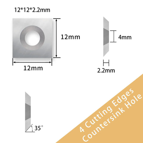 Straight Up 12X12X2.2Mm Square Corner Tungsten Carbide Turning Inserts showing dimensions and countersink hole design.